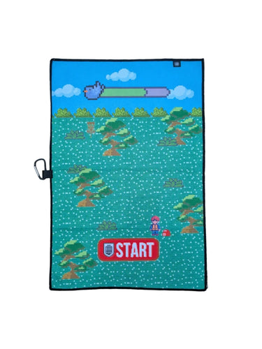 Microfiber disc golf towel with retro 8-Bit Birdie design