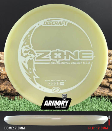 Discraft Zone disc golf disc with Armory Disc Golf branding on a grass and log background