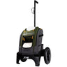 A black and green MVP Rover cart with high-density polyurethane tires, a steel frame, and a handle for golf bag transport.