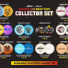 Promotional graphic for the Discraft x Innova Worlds Edition Collector Set, showing multiple disc golf packs (Mascot, Signature, Royal, Undead, Face-Off, State-of-the-Art, Prototype, Legends, Wooden) with disc images and text on a black background with gold honeycomb lines.