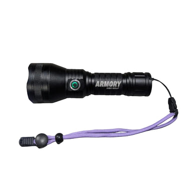 A black rechargeable UV flashlight with a purple paracord wrist strap. The flashlight has the brand name 'ARMORY DISC GOLF' printed on the side.