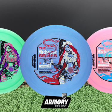 Three disc golf discs with colorful designs on a grassy background, featuring the Armory Disc Golf logo.